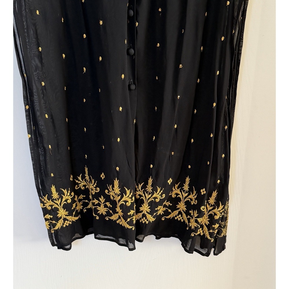 Vintage 90s Laundry by Shelli Segal Sheer Rayon Gold Embroidered Duster Dress L - Picture 5 of 11